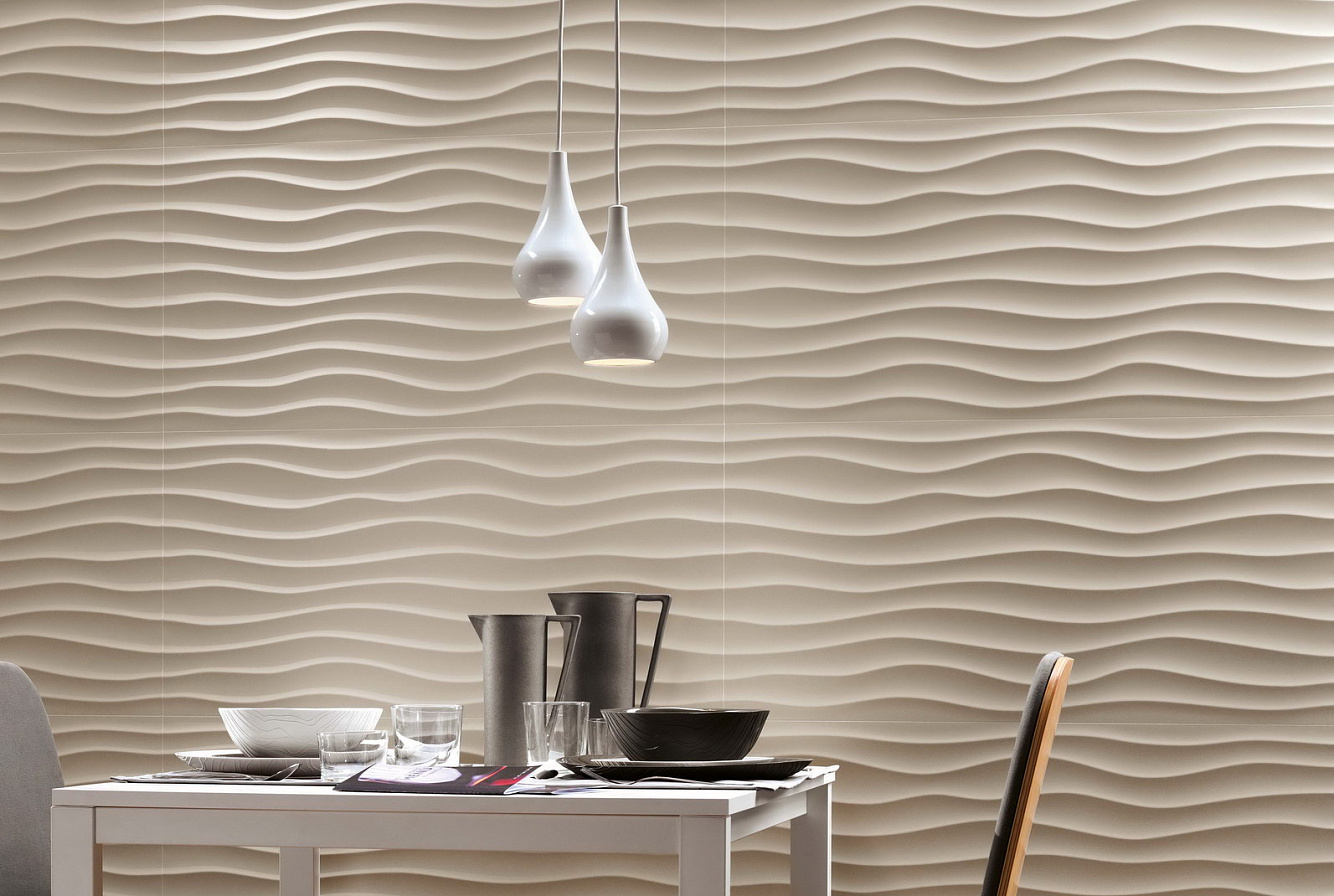 Настенная плитка 3D WALL DESIGN DUNE SAND в интерьере кухни.